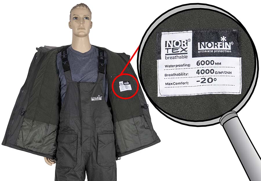 Зимовий костюм Norfin Element Gray із захистом від води на рівні 6000 міліметрів, здатністю пропускати пару в об'ємі 4-х літрів з квадратного метра на добу та температурним діапазоном використання – до -20⁰С